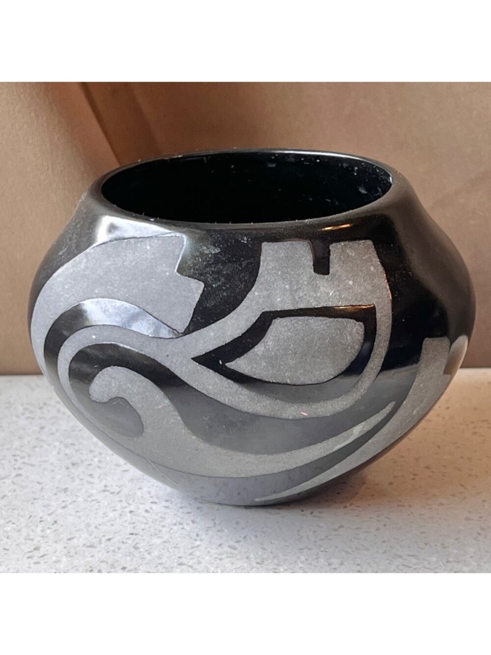 Signed Mata Ortiz Pot Handmade Burnished Black Handpainted 4.5" Dia. x 3 3/8" T